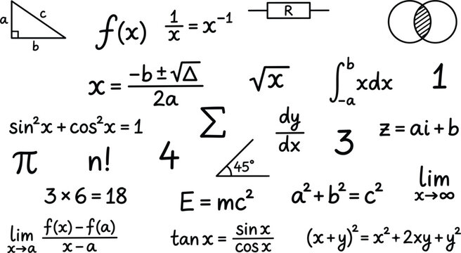 Hand drawn mathematical equations and physics formulas set isolated vector illustration of science elements