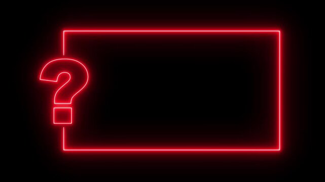 Question mark neon sign light on black background. Quiz trivia game competition. red neon question mark frame for quizzes and FAQs. Game announcement neon message.