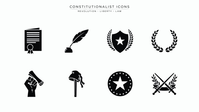 Constitutionalist concept icons depicting revolution liberty and law symbols in black set.
