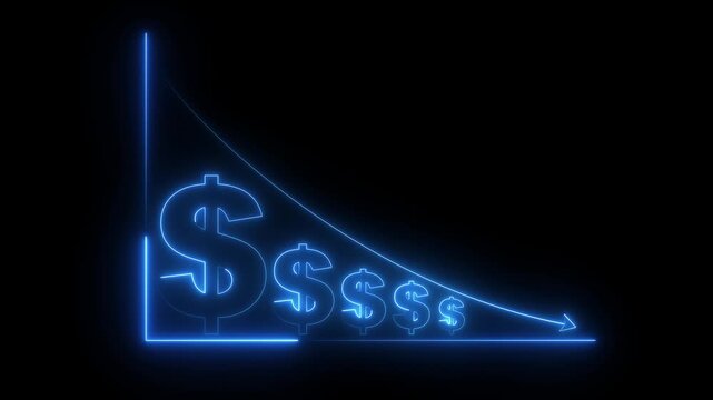 Glowing neon Quality control and company cost reduction. Cost reduction icon animation. Cost decrease money down arrow. corporate business efficiently save cost 4k animation video.