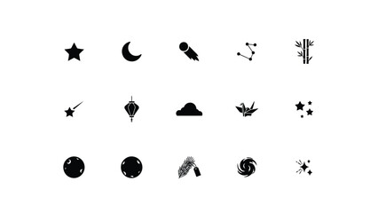 Celestial and nature icons star moon comet constellation bamboo shooting star lantern cloud. © Mrittunjoy