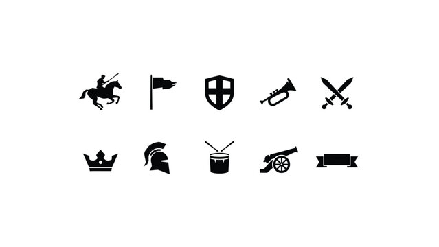 Historical and military icons knight flag shield trumpet sword crown helmet drum cannon.