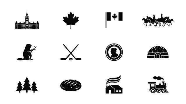 Set of canada icons, such as parliament building, maple leaf, flag, mounties, and totem.