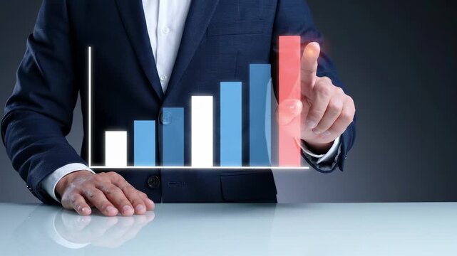 Businessman in a suit touches interactive bar graph that indicates strong financial growth and profit. Business analytics and market data analysis for investment, finance, and corporate success
