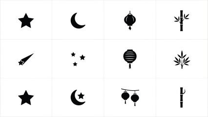 Star, crescent moon, asian lanterns, bamboo stalks, shooting star, multiple stars. © Mrittunjoy
