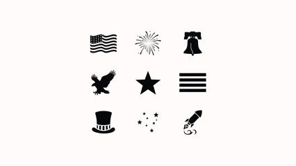 Obraz premium Set of nine black and white united states patriotic icons with various symbols.