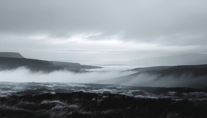 Fototapeta premium Misty Seaside Landscape with Rolling Hills.