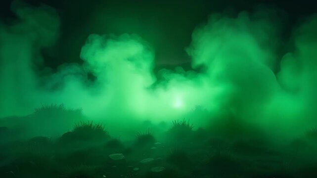 Slow motion green fog intensifying through eerie atmospheric layers creating dramatic visual depth