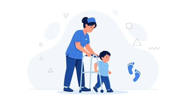 Nurse assisting child with walker, symbolizing physical therapy, recovery, and developmental milestones in healthcare.