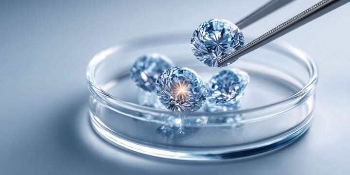 Lab grown diamonds being examined with tweezers in a petri dish for quality