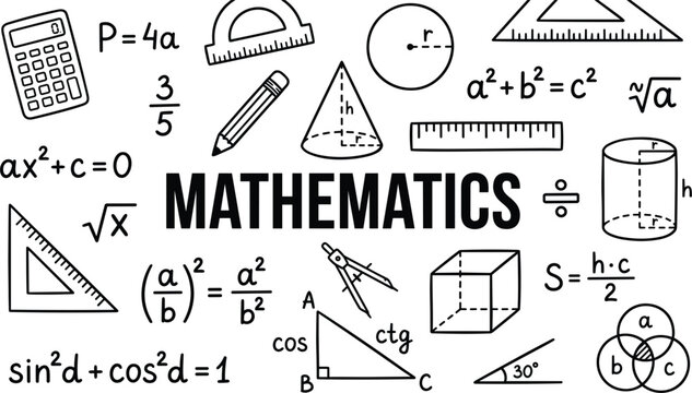 Mathematics education concept vector doodle illustration with school formulas geometry shapes and study equipment on white backdrop