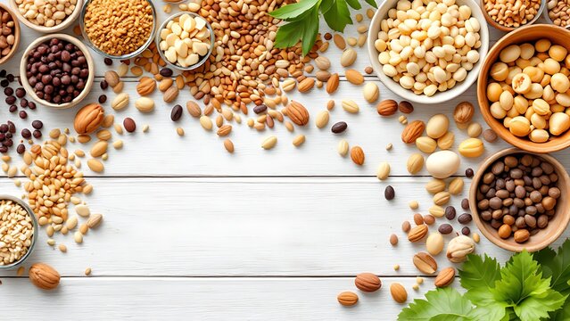 A variety of nuts and seeds are arranged on a white wooden table with bowls.