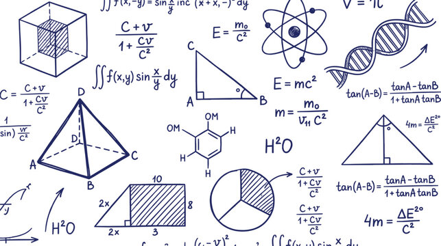 Science and physics educational doodle vector background with handwritten chemistry formulas biology structures and mathematical geometry shapes