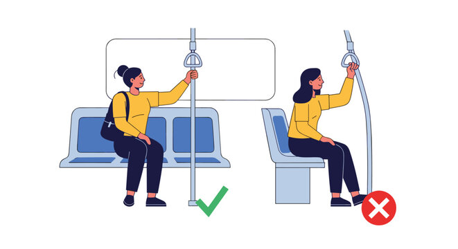 Educational illustration demonstrating the correct upright sitting posture and incorrect slumping position for passengers in a train.