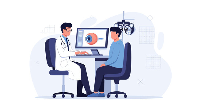 Ophthalmologist examining patient, vision test, eye care, optical clinic, modern vector illustration