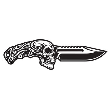 Black and white illustration of a skull handle knife with ornate design  sharp blade