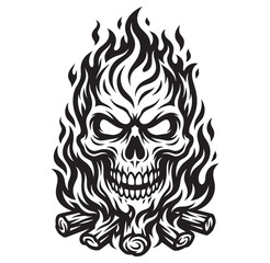 Obraz premium Black and white illustration of skull with flames and logs symbol or icon