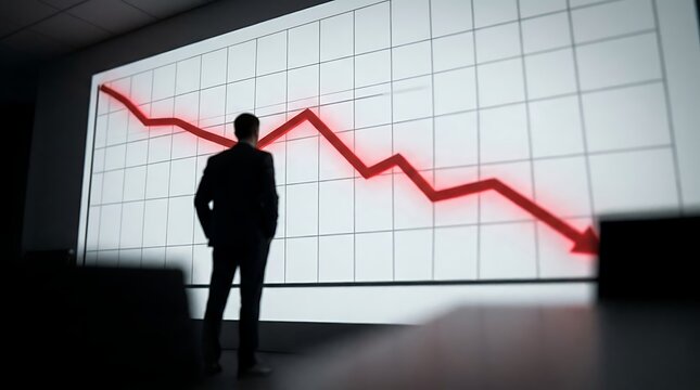 Silhouette of businessman looking at downward stock market graph
