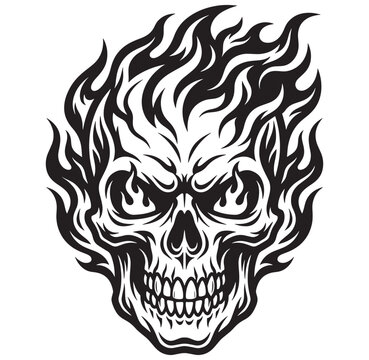Flaming skull with angry expression and sharp teeth on white background