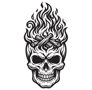 Flaming skull with crossed matches on head isolated on transparent background