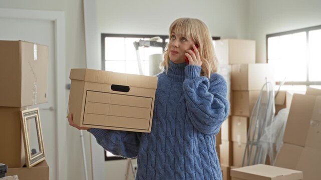 Woman holding cardboard box with phone to ear and smiling among stacked boxes inside building; moving day relief.