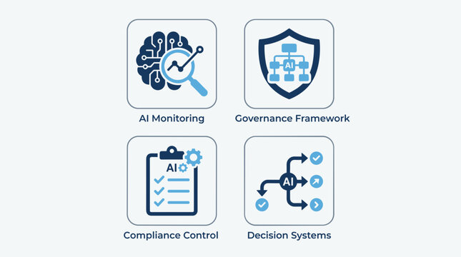 AI governance icons, business workflow symbols, decision systems