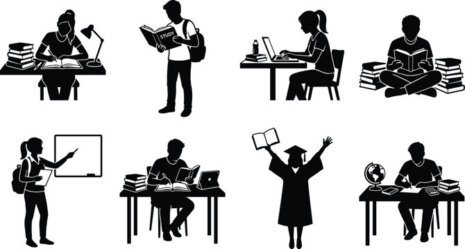 Student Education Silhouette Set with Learning Studying Teaching and Graduation Activities