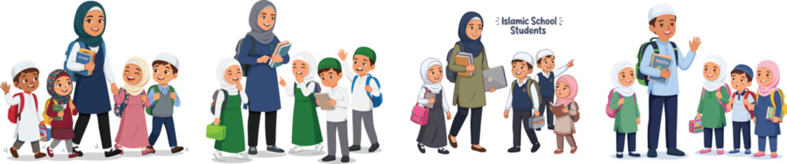 Fototapeta premium Muslim student and Islamic school kids, vector set isolated on white