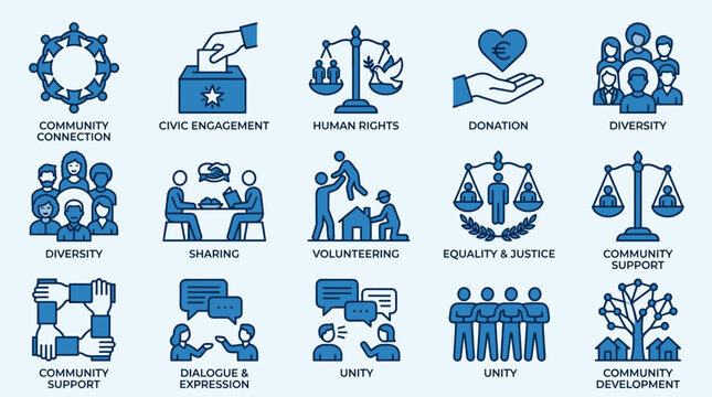 Community icons, social justice symbols, equality signs