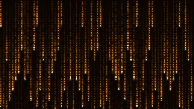 Hacker terminal amber code digital rain falling in orange cyber background