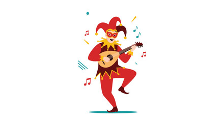 Naklejka premium Colorful medieval jester wearing a traditional hat plays a lute and dances among musical notes in a whimsical character illustration.