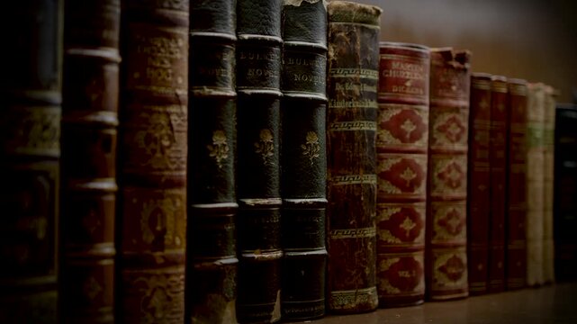 A row of old leather-bound law books with gold lettering arranged on a wooden shelf in warm atmospheric indoor lighting.