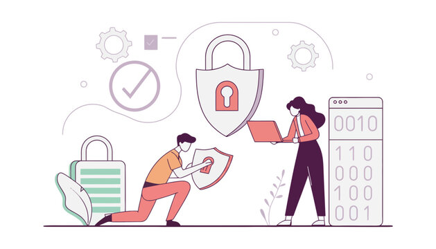 Cybersecurity concept illustration with shields and data