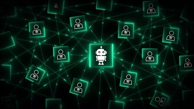 Human Resources Technology Concept with AI Assistant Icon Linked to User Profiles in Green Digital Network on Dark Background