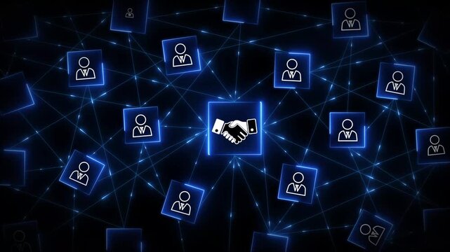 Affiliate Marketing Network Concept with Handshake Icon Connected to User Profiles in Blue Digital Technology Background