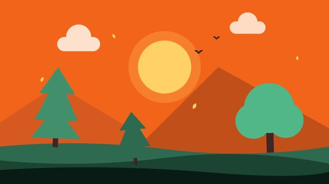Flat design animation of a peaceful landscape with mountains at sunset