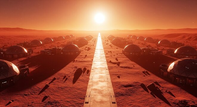 Extraterrestrial settlement with dome habitats and a pathway under a red sun