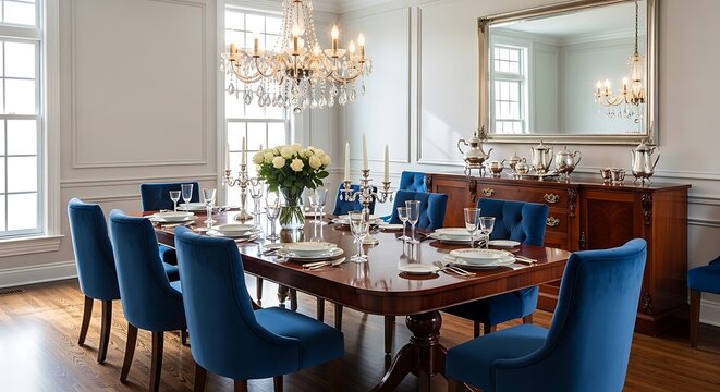 Dining room interior featuring a large wooden table with blue velvet chairs and an elegant crystal chandelier above setting