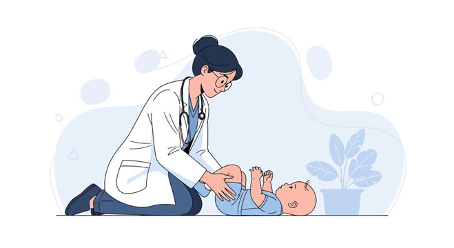 Pediatrician examining a baby with care, vector illustration
