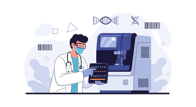 Scientist in Lab Coat Operates DNA Sequencing Machine with Tablet, Representing Genetic Research and Medical Technology