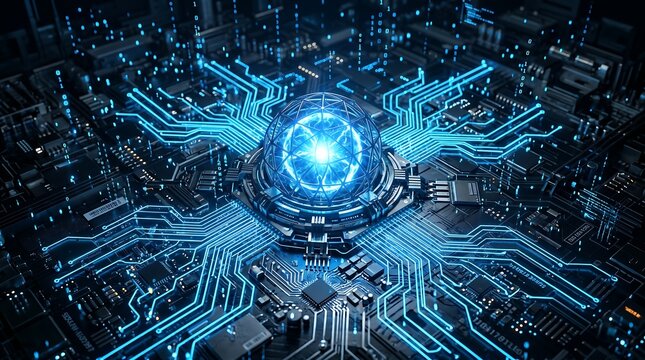Glowing quantum computer processor core with blue circuit board lines flowing like digital energy waves in a futuristic high-tech conceptual wallpaper