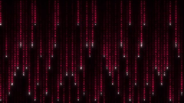 Corrupted glitch blood code digital rain falling in dark pink cyber background