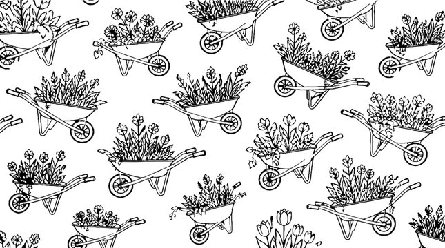 Repeating pattern of wheelbarrows filled with flowers and plants.