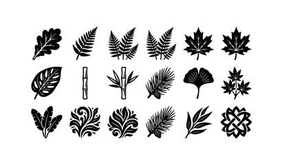Fototapeta premium Modern botanical leaf icon collection featuring 16 black and white vector designs