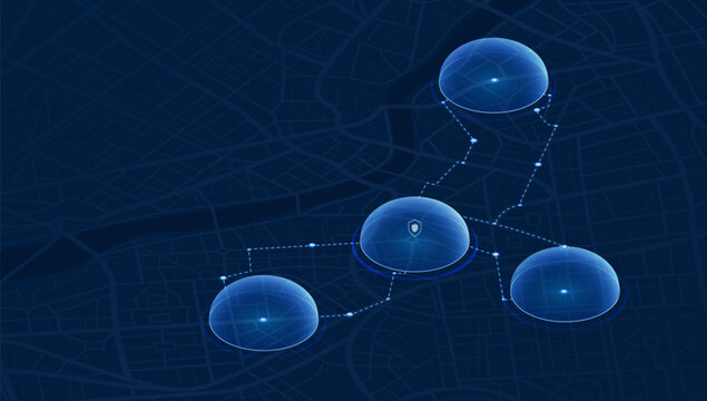 Dome Shields Representing Protected Security Zones and Coverage Areas Connected by Network