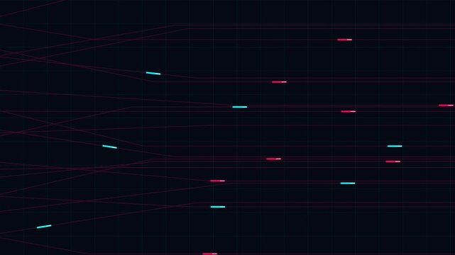 Neon synthwave city fiber optic data stream flying in cyan pink network
