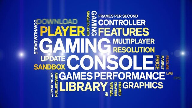 Gaming Console animated word cloud-gross domestic product animation tag kinetic typography seamless loop.