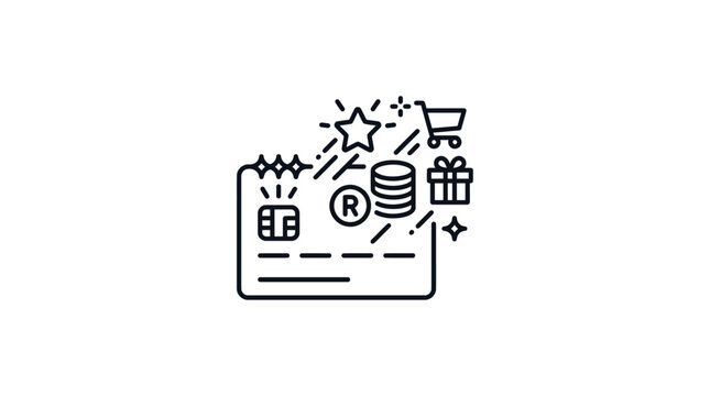 a black and white vector illustration depicting a credit card with various e-commerce symbols like a shopping cart, gift box, and star.