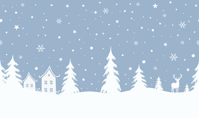 Obraz premium Winter Background. Christmas Village. Seamless Border. Fairy tale Winter Landscape. White Houses, Fir trees, Deer on Blue Background. Vector Illustration