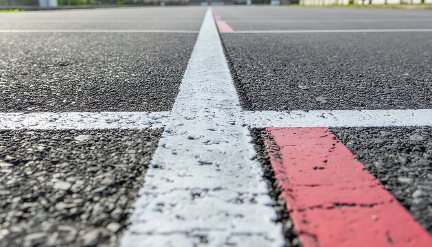 Closeup View of Road Surface with White and Red Lines.